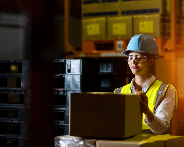 A woman works in a warehouse to automate sampling and discovery of compliance issues in customs data via artificial intelligence.