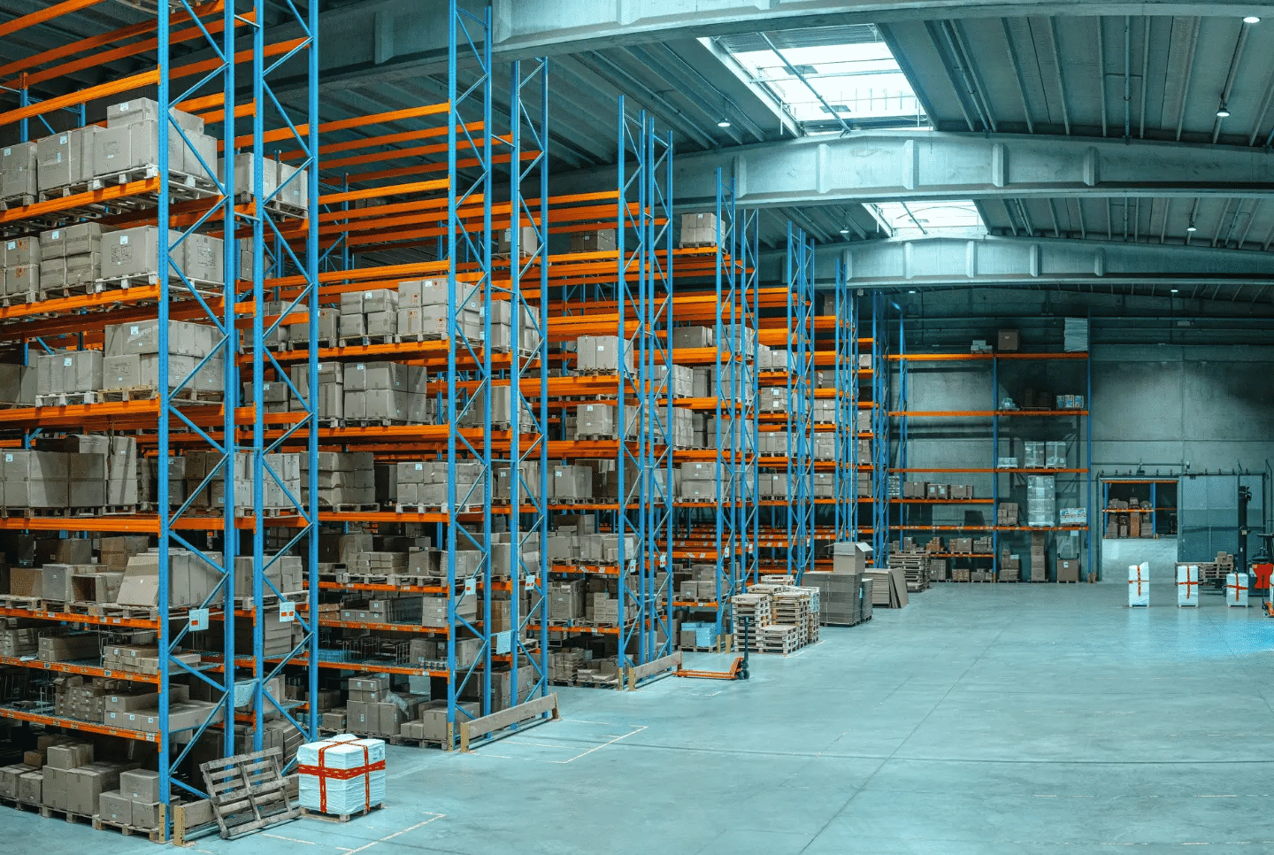 Warehouse with concrete flooring and inventory being monitored using supply chain automation software. 