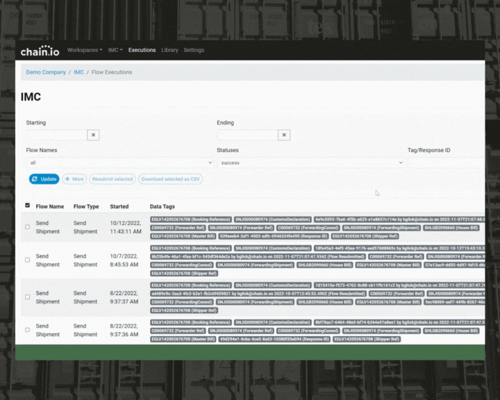 Integration summary in chain.io platform - details about your flows and data