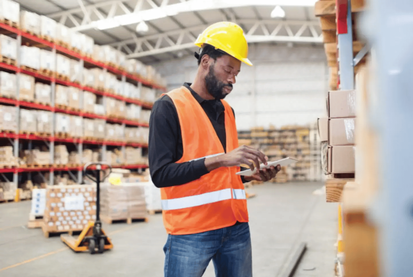 Supply chain professional working in warehouse with hard hat and safety vest